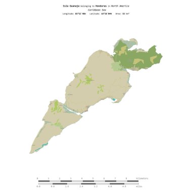 Karayip Denizi 'ndeki Guanaja Adası, Honduras' a ait, bir topoğrafya üzerinde izole edilmiş, OSM İnsani yardım tarzı haritası, mesafe ölçeğinde.