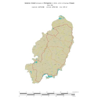 Guimaras Island in the Sulu Sea, belonging to Philippines, isolated on a topographic, OSM Humanitarian style map, with distance scale clipart