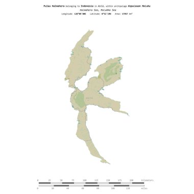 Molukka Denizi 'nde bulunan ve Endonezya' ya ait olan Pulau Halmahera, uzaklık ölçeğinde OSM İnsani Yardım Haritası üzerinde izole edilmiştir.