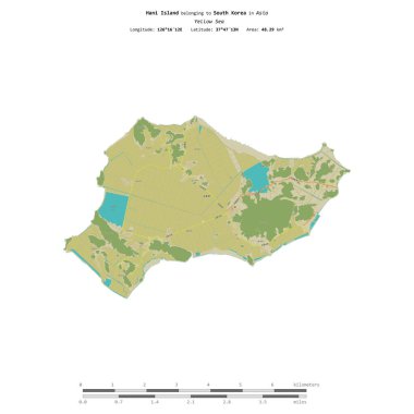 Hani Adası Sarı Deniz 'de, Güney Kore' ye ait, bir topoğrafik, OSM İnsani Yardım Stili haritasında izole edilmiş, mesafe ölçeğinde.