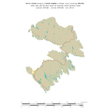Birleşik Krallık 'a ait olan Kuzey Atlantik Okyanusu' ndaki Harris Adası, uzaklık ölçeğine sahip bir topoğrafik OSM İnsani Stil Haritası üzerinde izole edilmiştir.