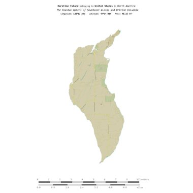 Amerika Birleşik Devletleri 'ne ait Güneydoğu Alaska ve British Columbia' nın Sahil Suları 'ndaki Harstine Adası, bir topoğrafi haritada izole edilmiş, OSM İnsani yardım tarzı haritası, mesafe ölçeğinde.