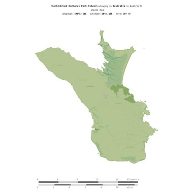 Hinchinbrook National Park Island in the Coral Sea, belonging to Australia, isolated on a topographic, OSM Humanitarian style map, with distance scale clipart