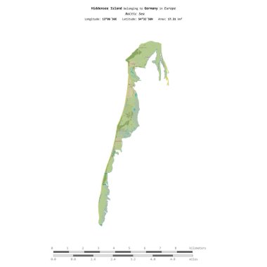 Almanya 'ya ait Baltık Denizi' ndeki gizli ada, uzaklık ölçeğine sahip bir topoğrafik OSM İnsani Yardım Stili haritasında izole edilmiştir.