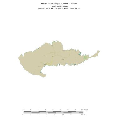 Güney Pasifik Okyanusu 'ndaki Hiva Oa Adası, uzaklık ölçeğine sahip bir topoğrafik, OSM İnsani-stil haritasında izole edilmiştir.