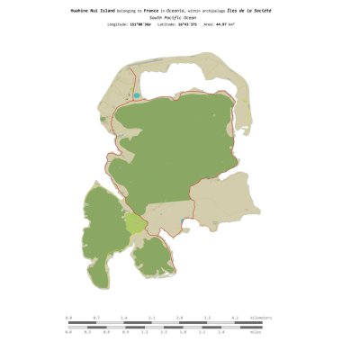 Huahine Nui Island in the South Pacific Ocean, belonging to France, isolated on a topographic, OSM Humanitarian style map, with distance scale clipart