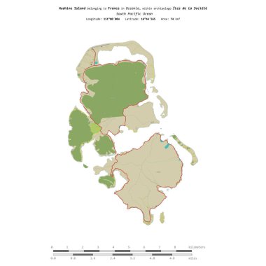 Huahine Island in the South Pacific Ocean, belonging to France, isolated on a topographic, OSM Humanitarian style map, with distance scale clipart