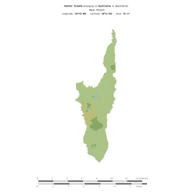 Avustralya 'ya ait Bass Boğazı' ndaki Hunter Adası, uzaklık ölçeğinde OSM İnsani Yardım Stili haritasında izole edilmiştir.