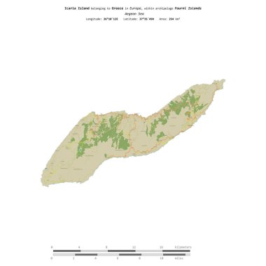 Yunanistan 'a ait Ege Denizi' ndeki İkaria Adası, uzaklık ölçeğine sahip bir topoğrafik OSM İnsani Yardım Stili haritasında izole edildi.