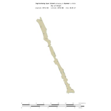 Myanmar 'a ait Bengal Körfezi' ndeki Ingrinchaing Kyun Adası, uzaklık ölçeğinde OSM İnsani Yardım Haritası 'nda izole edilmiştir.