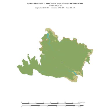 Japonya 'ya ait Doğu Çin Denizi' ndeki Iriomotejima, uzaklık ölçeğine sahip bir topoğrafik OSM İnsani Stil haritasında izole edilmiştir.