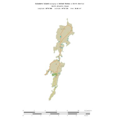 Amerika Birleşik Devletleri 'ne ait Kuzey Atlantik Okyanusu' ndaki Islesboro Adası, bir topoğrafi, OSM İnsani Yardım Stili haritasında, uzaklık ölçeğinde izole edilmiştir.