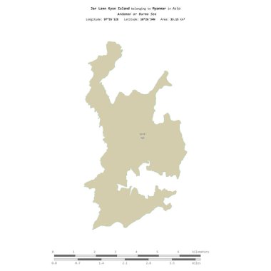 Andaman ya da Burma Denizi 'ndeki Jar Lann Kyun Adası, Myanmar' a ait, uzaklık ölçeğinde OSM İnsani Yardım Stili haritasında izole edilmiş.