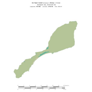 Norveç Denizi 'ndeki Jan Mayen Adası, uzaklık ölçeğinde, OSM İnsani Yardım Stili haritasında bir topoğrafik olarak izole edilmiştir.