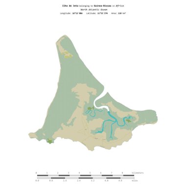 Kuzey Atlantik Okyanusu 'ndaki Ilha de Jeta, Gine-Bissau' ya ait, bir topoğrafik üzerinde izole edilmiş, OSM İnsani stilde bir harita, mesafe ölçeğinde.