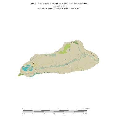 Jomalig Island in the Philippine Sea, belonging to Philippines, isolated on a topographic, OSM Humanitarian style map, with distance scale clipart