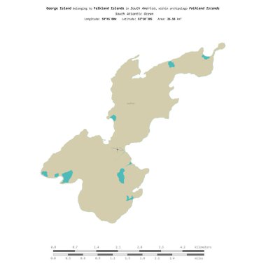 Falkland Adaları 'na ait Güney Atlantik Okyanusu' ndaki George Adası, uzaklık ölçeğinde, OSM İnsani Yardım Stili haritasında izole edilmiştir.