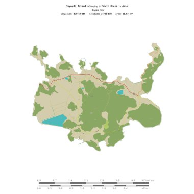 Japonya Denizi 'ndeki Joyakdo Adası, Güney Kore' ye ait, uzaklık ölçeğinde bir topoğrafik, OSM İnsani-stil haritasında izole edilmiştir.