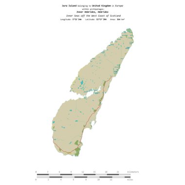 İskoçya 'nın batı kıyısındaki İç Denizler' deki Jura Adası, Birleşik Krallık 'a ait, bir topoğrafik üzerinde izole edilmiş, OSM İnsani yardım tarzı haritası, mesafe ölçeğinde.
