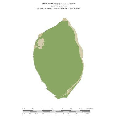 Fiji 'ye ait Güney Pasifik Okyanusu' ndaki Kabara Adası, uzaklık ölçeğine sahip bir topoğrafik, OSM İnsani-stil haritasında izole edilmiştir.