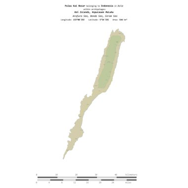 Endonezya 'ya ait Banda Denizi' nde bulunan Pulau Kai Besar, uzaklık ölçeğinde, OSM İnsani Yardım Stili haritasında bir topoğrafik olarak izole edilmiştir.
