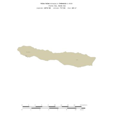 Endonezya 'ya ait Banda Denizi' ndeki Pulau Kalao, bir topoğrafya üzerinde izole edilmiş, OSM İnsani yardım tarzı haritası, uzaklık ölçeğinde