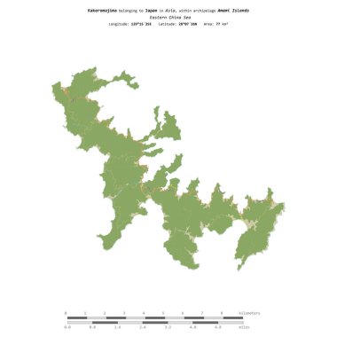 Japonya 'ya ait Doğu Çin Denizi' ndeki Kakeromajima, uzaklık ölçeğine sahip bir topoğrafik OSM İnsani Stil haritasında izole edilmiştir.
