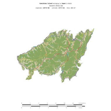 Japonya 'ya ait Doğu Çin Denizi' ndeki Kamishima Adası, uzaklık ölçeğine sahip bir topoğrafik OSM İnsani Yardım Stili haritasında izole edilmiştir.
