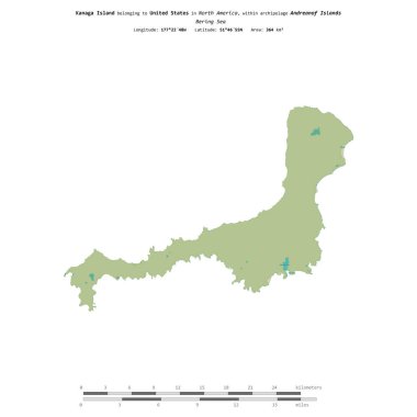 Bering Denizi 'ndeki Kanaga Adası, uzaklık ölçeğinde bir topoğrafik, OSM İnsani Yardım Stili haritasında izole edilmiştir.