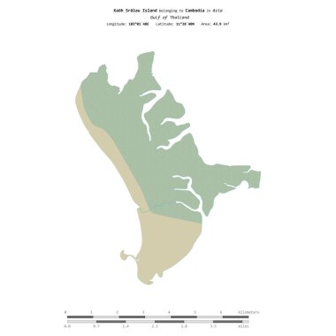 Kaoh Sralau Island in the Gulf of Thailand, belonging to Cambodia, isolated on a topographic, OSM Humanitarian style map, with distance scale clipart