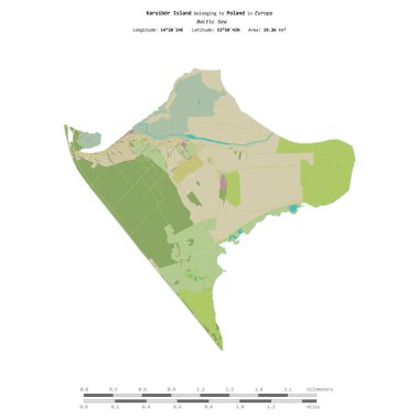 Polonya 'ya ait Baltık Denizi' ndeki Karsibor Adası, uzaklık ölçeğine sahip bir topoğrafik OSM İnsani Yardım Stili haritasında izole edilmiştir.