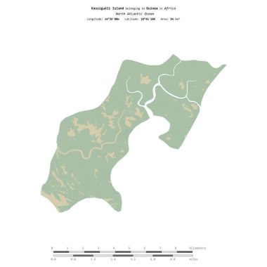 Kuzey Atlantik Okyanusu 'ndaki Kassigueli Adası, Gine' ye ait, bir topoğrafya üzerinde izole edilmiş, OSM İnsani yardım tarzı haritası, mesafe ölçeğinde