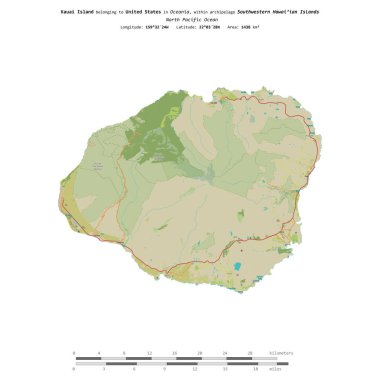 Amerika Birleşik Devletleri 'ne ait Kuzey Pasifik Okyanusu' ndaki Kauai Adası, bir topoğrafi, OSM İnsani-stil haritasında, uzaklık ölçeğinde izole edilmiştir.