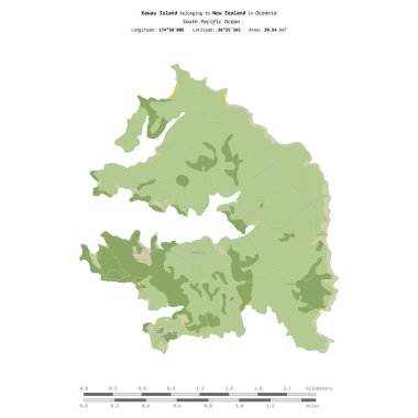 Güney Pasifik Okyanusu 'ndaki Kawau Adası, Yeni Zelanda' ya ait, bir topoğrafya üzerinde izole edilmiş, OSM İnsani yardım tarzı haritası, uzaklık ölçeğinde