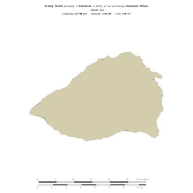 Endonezya 'ya ait Banda Denizi' ndeki Kelang Adası, bir topoğrafi, OSM İnsani-stil haritasında, uzaklık ölçeğinde izole edilmiştir.