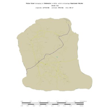 Endonezya 'ya ait Banda Denizi' ndeki Pulau Kisar, bir topoğrafi, OSM İnsani-stil haritasında, uzaklık ölçeğinde izole edilmiştir.