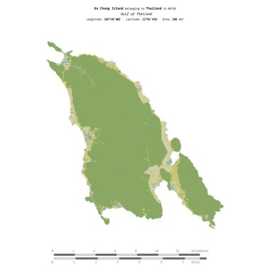 Tayland Körfezi 'ndeki Ko Chang Adası, uzaklık ölçeğinde, bir topoğrafik, OSM İnsani-stil haritasında izole edilmiştir.