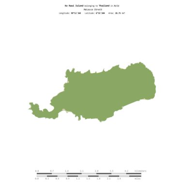 Tayland 'a ait Malacca Boğazı' ndaki Ko Rawi Adası, uzaklık ölçeğinde OSM İnsani Yardım Haritası üzerinde izole edilmiştir.
