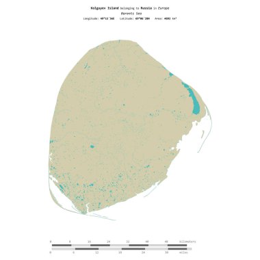 Rusya 'ya ait Barents Denizi' ndeki Kolguyev Adası, uzaklık ölçeğine sahip bir topoğrafik OSM İnsani Stil Haritası üzerinde izole edilmiştir.