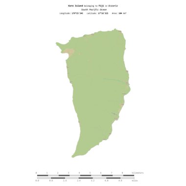 Fiji 'ye ait olan Güney Pasifik Okyanusu' ndaki Koro Adası, bir topoğrafik, OSM İnsani-stil haritasında, uzaklık ölçeğinde izole edilmiştir.