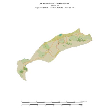 Yunanistan 'a ait Ege Denizi' ndeki Kos Adası, uzaklık ölçeğine sahip bir topoğrafik OSM İnsani Yardım Stili haritasında izole edildi.