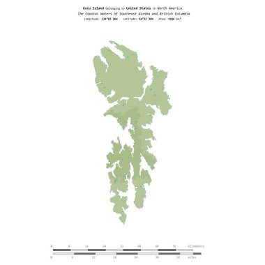 Amerika Birleşik Devletleri 'ne ait Güneydoğu Alaska ve British Columbia' nın Sahil Suları 'ndaki Kuiu Adası, uzaklık ölçeğine sahip bir topoğrafik, OSM İnsani Yardım Stili haritası üzerinde izole edilmiştir.