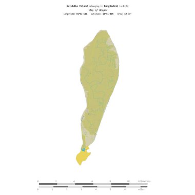 Bengal Körfezi 'ndeki Kutubdia Adası, Bangladeş' e ait, bir topoğrafya üzerinde izole edilmiş, OSM İnsani yardım tarzı haritası, mesafe ölçeğinde