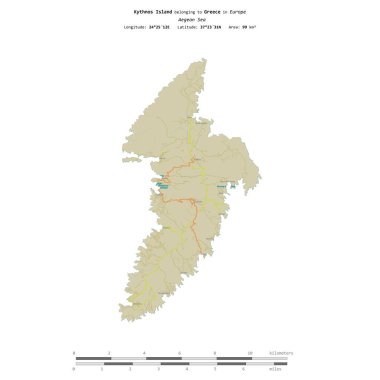 Kythnos Island in the Aegean Sea, belonging to Greece, isolated on a topographic, OSM Humanitarian style map, with distance scale clipart