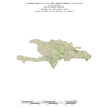 Karayip Denizi 'ndeki La Espanola Adası, Haiti, Dominik Cumhuriyeti arasında paylaşılan, bir topoğrafik, OSM İnsani Yardım Stili haritası üzerinde izole edilmiş, uzaklık ölçeğinde