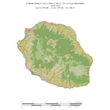 Hint Okyanusu 'ndaki La Reunion Adası, Fransa' ya ait, bir topoğrafik üzerinde izole edilmiş, OSM İnsani yardım tarzı haritası, mesafe ölçeğinde