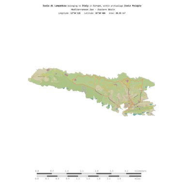 Akdeniz 'deki Isola di Lampedusa - İtalya' ya ait Doğu Havzası, bir topoğrafya üzerinde izole edilmiş, OSM İnsani yardım tarzı haritası, mesafe ölçeğinde