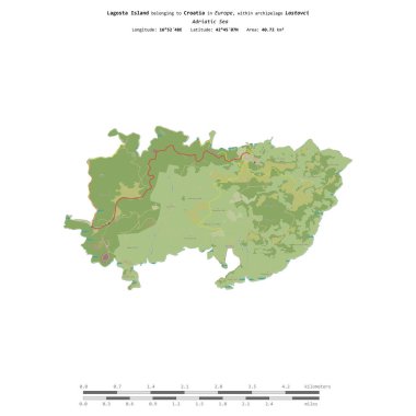 Hırvatistan 'a ait Adriyatik Denizi' ndeki Lagosta Adası, uzaklık ölçeğine sahip bir topoğrafi OSM İnsani Stil haritasında izole edilmiş durumda