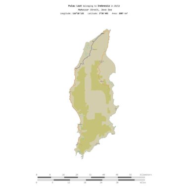 Pulau Laut in the Java Sea, belonging to Indonesia, isolated on a topographic, OSM Humanitarian style map, with distance scale clipart