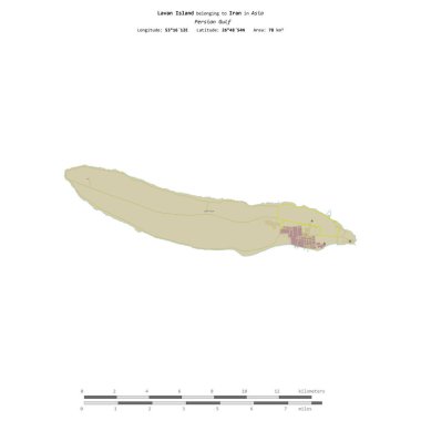 İran Körfezi 'ndeki Lavan Adası, uzaklık ölçeğine sahip bir topoğrafik OSM İnsani Stil Haritası üzerinde izole edilmiştir.